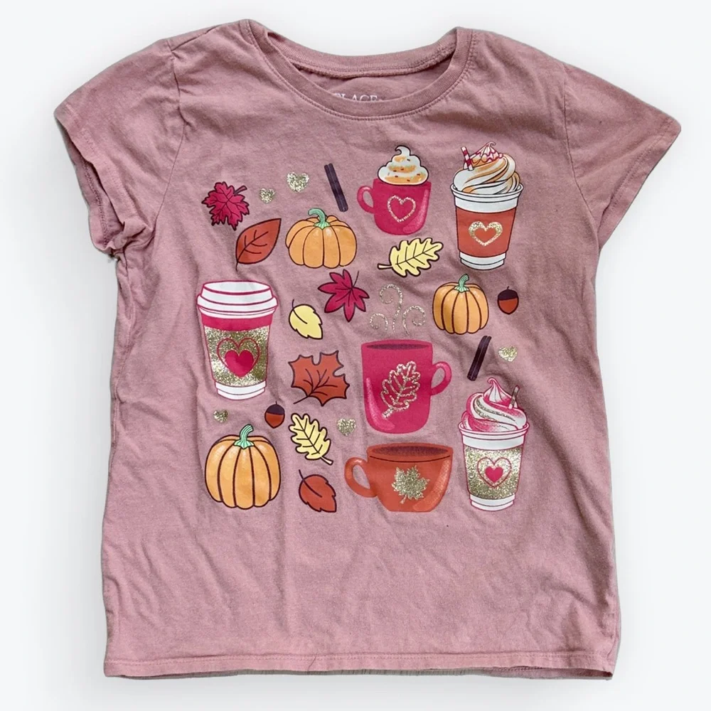 Playful Glittery Fall Coffee “Team Spice” Graphic Tuscan Clay Girls Tee ~ M 7/8